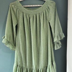 Ashley Stewart Green 14/16 Dress Ruffled Cuff 3/4 Sleeve Gold Fleck Boho Cottage